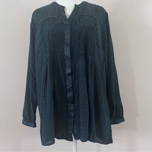 Coldwater Creek Dark Teal Blue Embroidered Beaded Button-Up Whimsy Blouse |PXL|